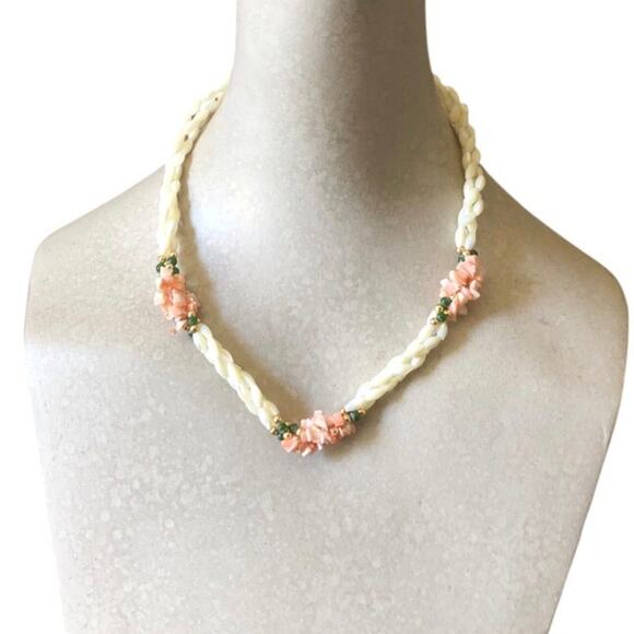 Retro Beach Theme Multi White Intertwined Ropes Pink Beads Boho Chic Necklace - Picture 2 of 8